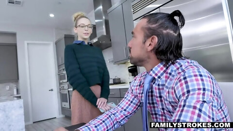Prude stepdaughter Lily Larimar gets messy facial after hardcore sex in the kitchen