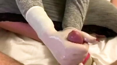 Handjob & Prostate massage with Transparent Surgical Gloves.