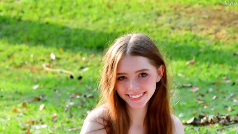 Delicious redheaded teen Myra masturbates in her sexy lingerie outdoors